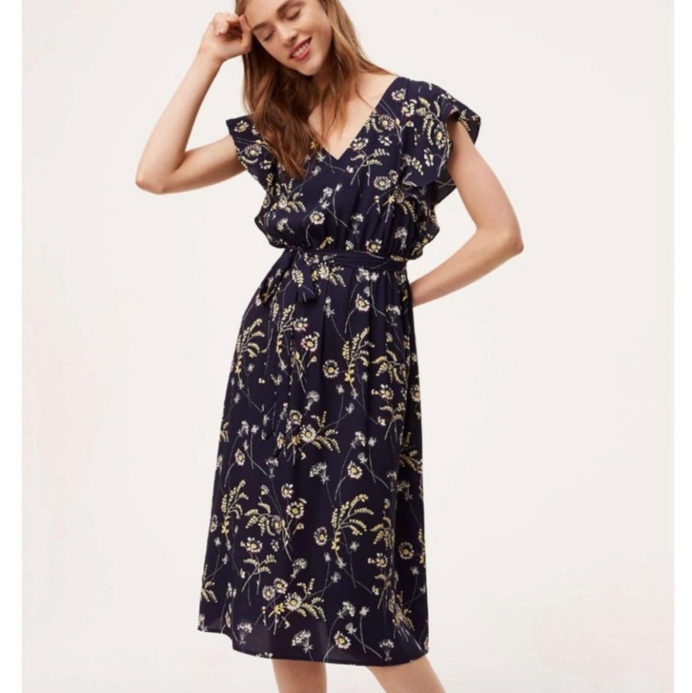 LOFT Navy Floral Midi Dress